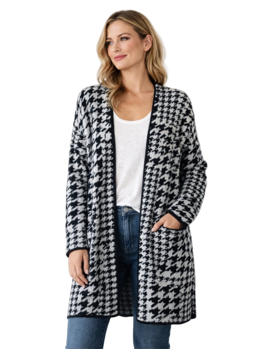 Nine West Black & White Houndstooth Open-Front Cardigan